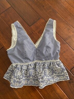 J.O.A. Navy Gingham Lace-Trim Peplum Camisole
